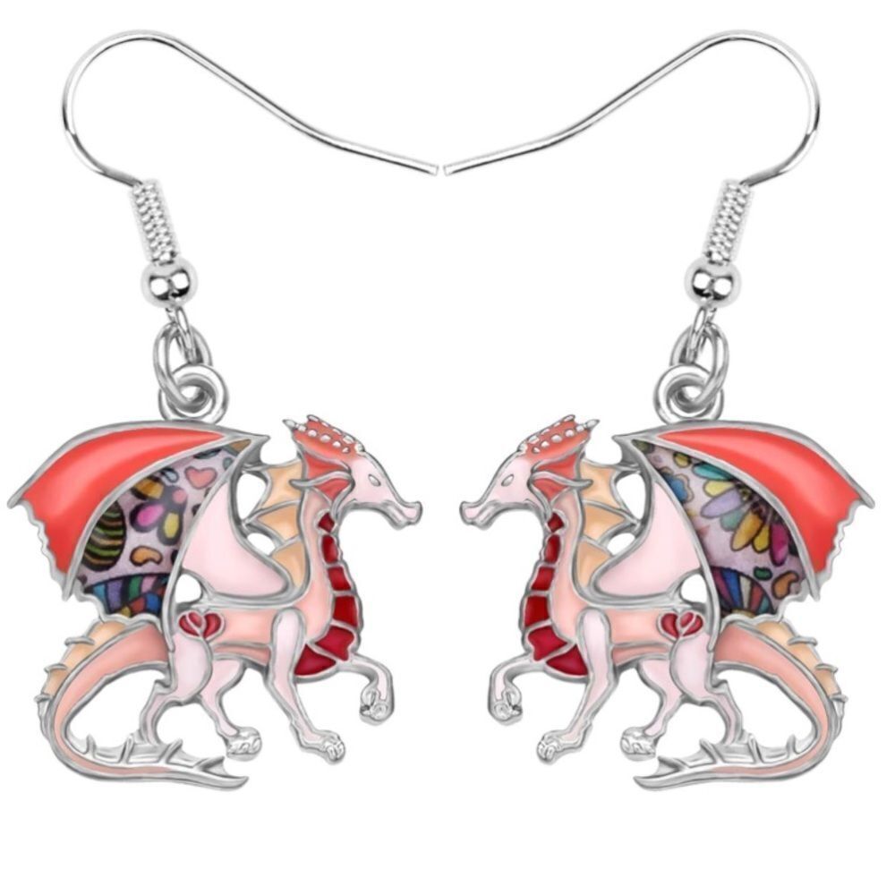 Silver and Multicolor Enamel Mythical Dragon Dangling French Wire Hook Earrings